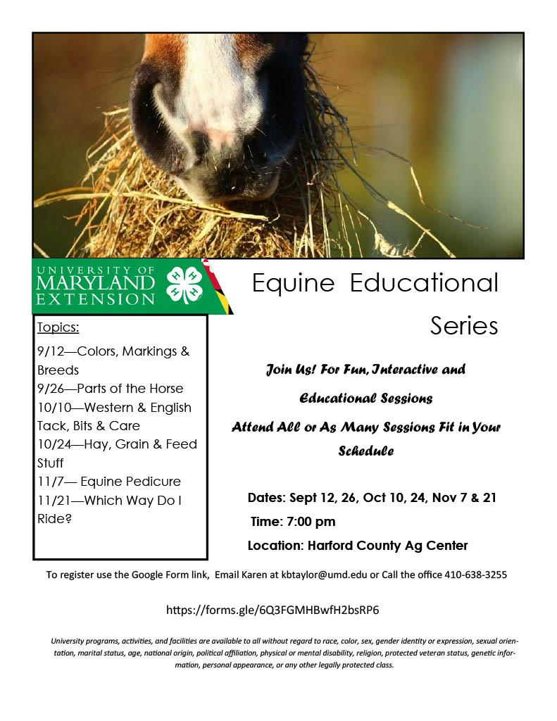 Equine flyer with scheduled dates of educational programming