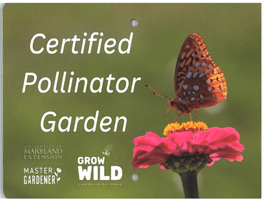 Certified Pollinator Garden sign with butterfly on a pink flower