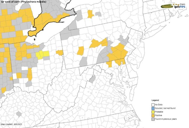 Regional map (Mid-Atlantic) of tar spot of corn for the 2023 growing season