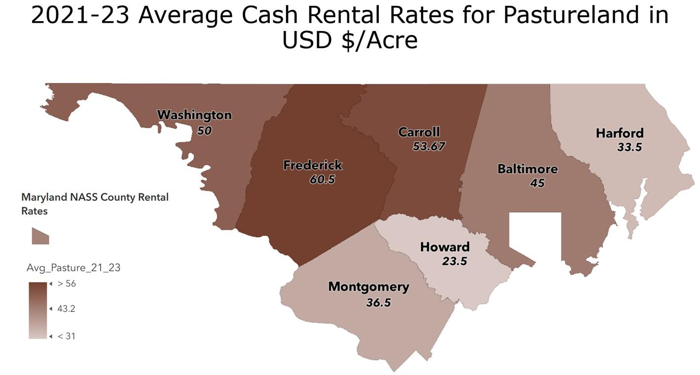2021-23 map showing average cash rental rates for pastureland in UDS $/Acre