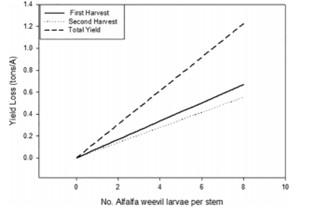 A line graph comparing two alfalfa weevil sampling methods.