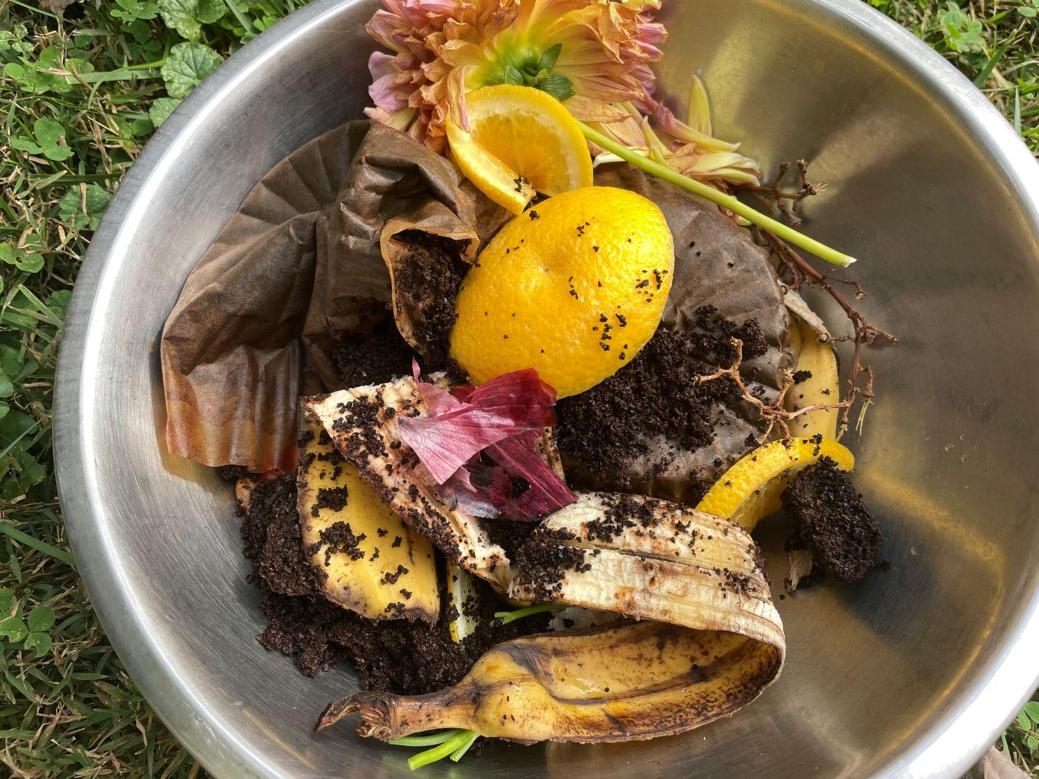 kitchen scraps in a bowl and ready for the compost bin
