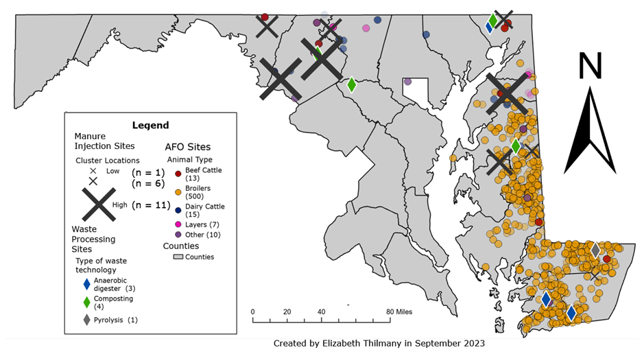 Locations of all active concentrated animal feeding operations (CAFO) sites in Maryland, with the locations of animal waste technology sites shown, including anaerobic digesters, pyrolysis units, animal composting sites, and manure injection locations.