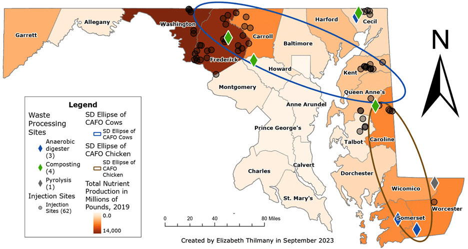 Map of current animal waste technology sites in Maryland, including anaerobic digesters, composting sites, pyrolysis, and manure injection sites. 