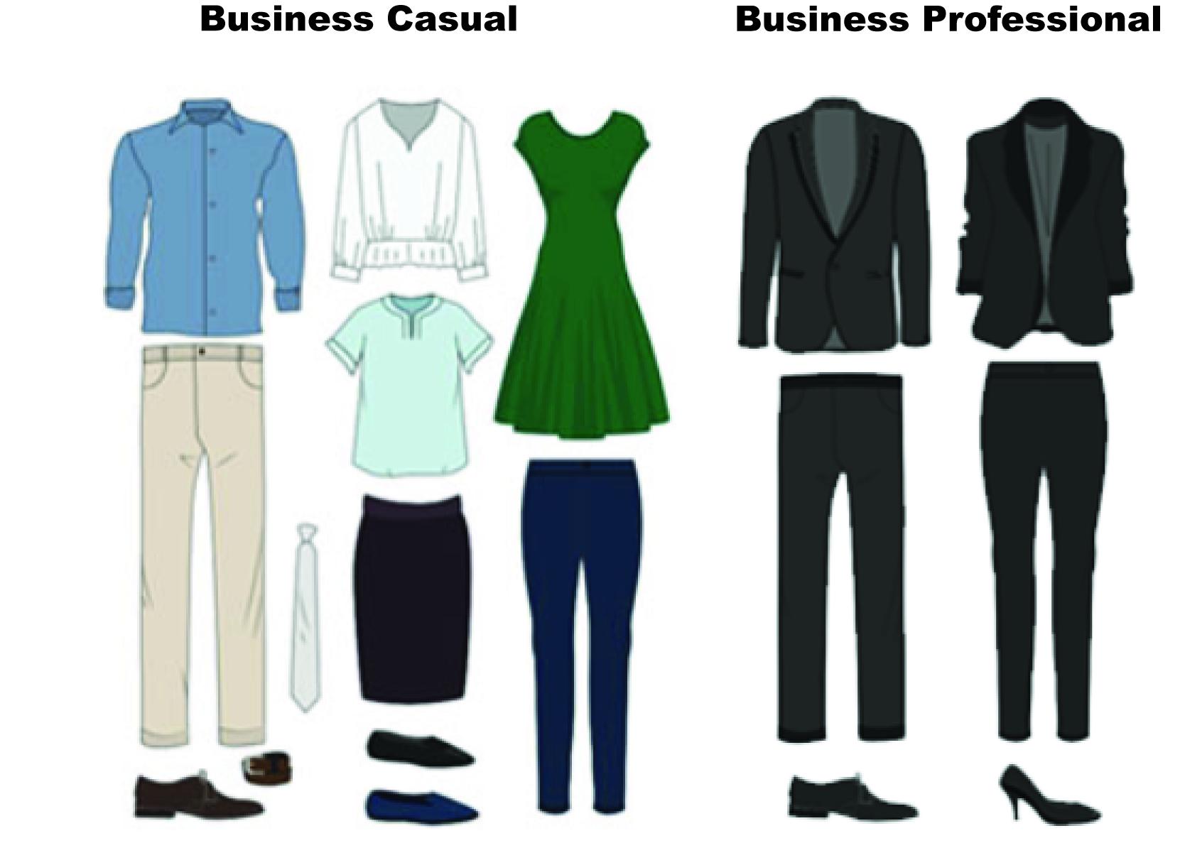 suggested clothing for men and women for business casual and business professional
