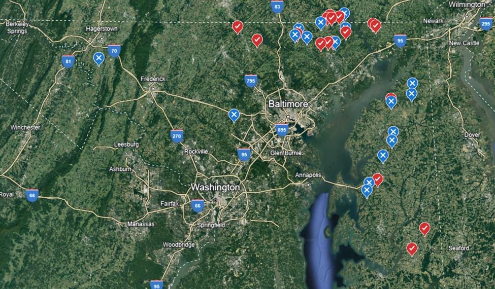 Google Earth map displaying the fields in Maryland that have been scouted for the presence of tar spot.