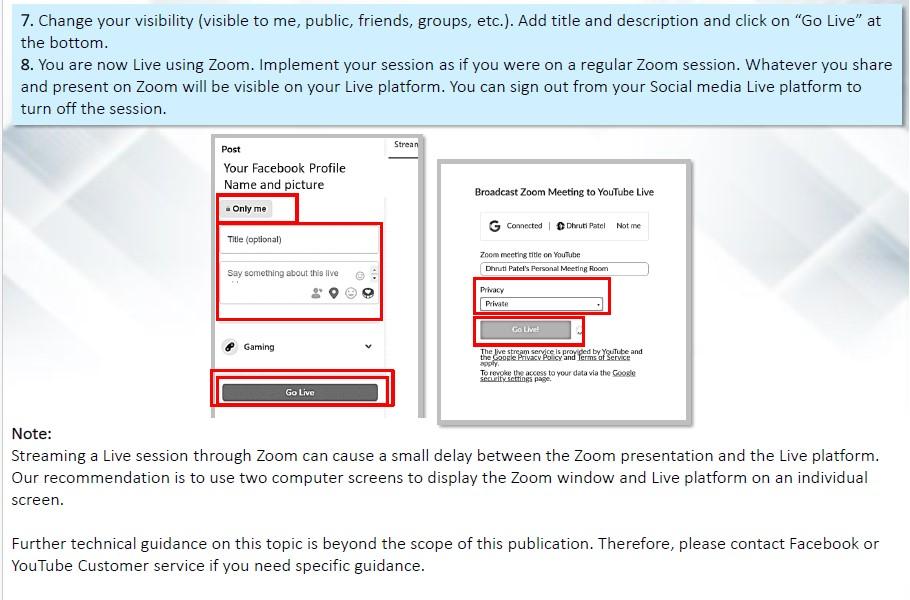 A diagram to set up a live sesion on social media using zoom continued.