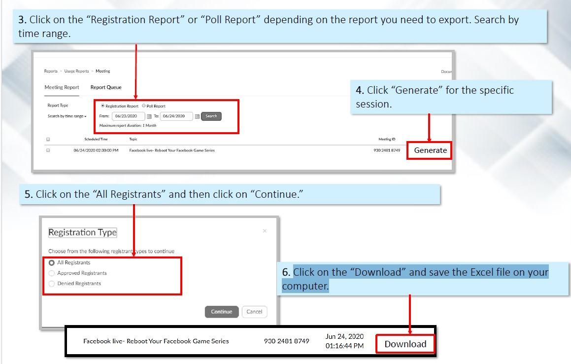 A diagram on how to export poll, usage, and registration data continued.