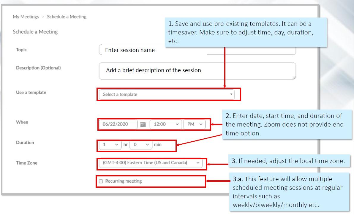 A diagram that illustrates how to use the meeting settings.