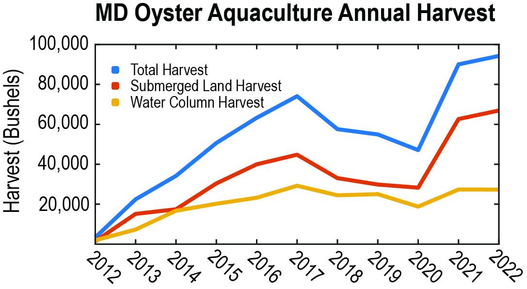 A line graph depicting the 2022 Annual Oyster Harvest in Maryland, with blue line indicating total harvest, red line for submerged land harvest and gold line for water column harvest.