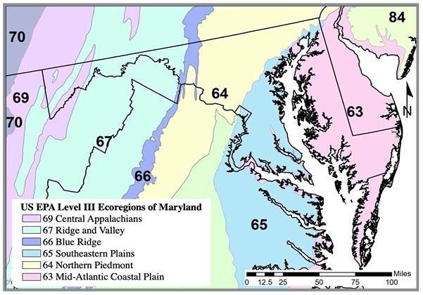 a map showing six different ecoregions in Maryland