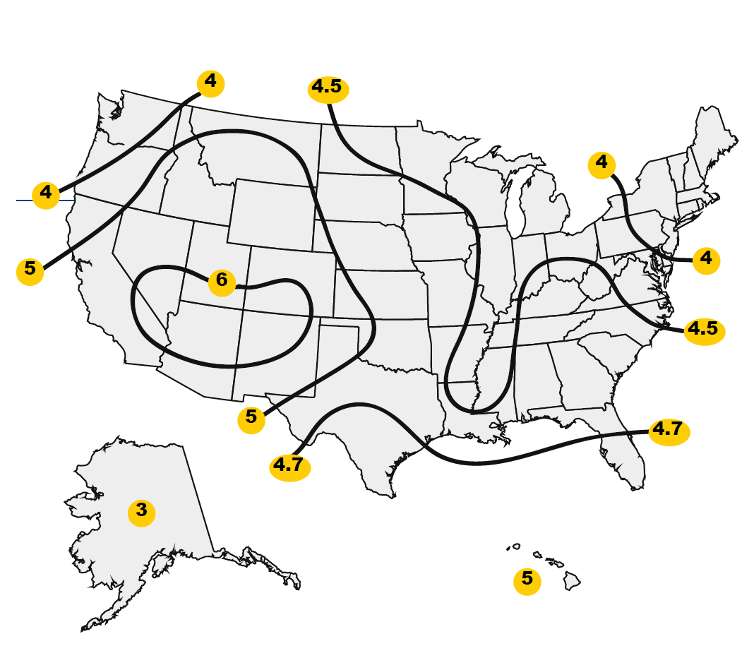 US Map with Peak Sun Hours