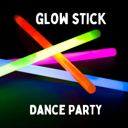 Four colored glow sticks on a black background with the words Glow Stick Dance Parrty.