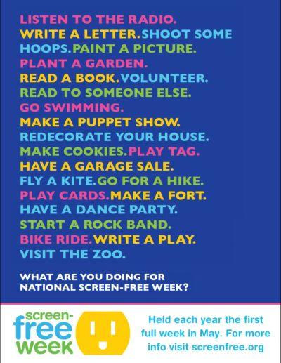 An image for screen free week with many activities to do instead of being on a screen.