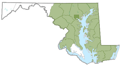 Reported distribution of sawtooth oak in Maryland,  from Maryland Biodiversity Project.