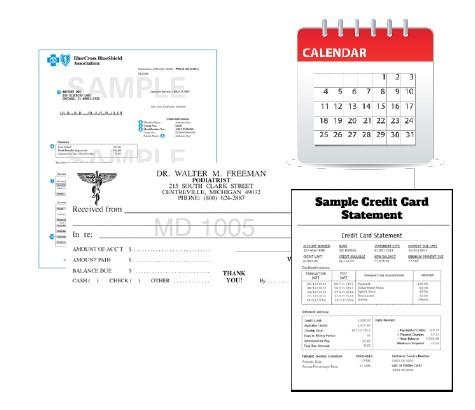 Assortment of documents (EOB, payment receipt, calendar, and credit card statement)