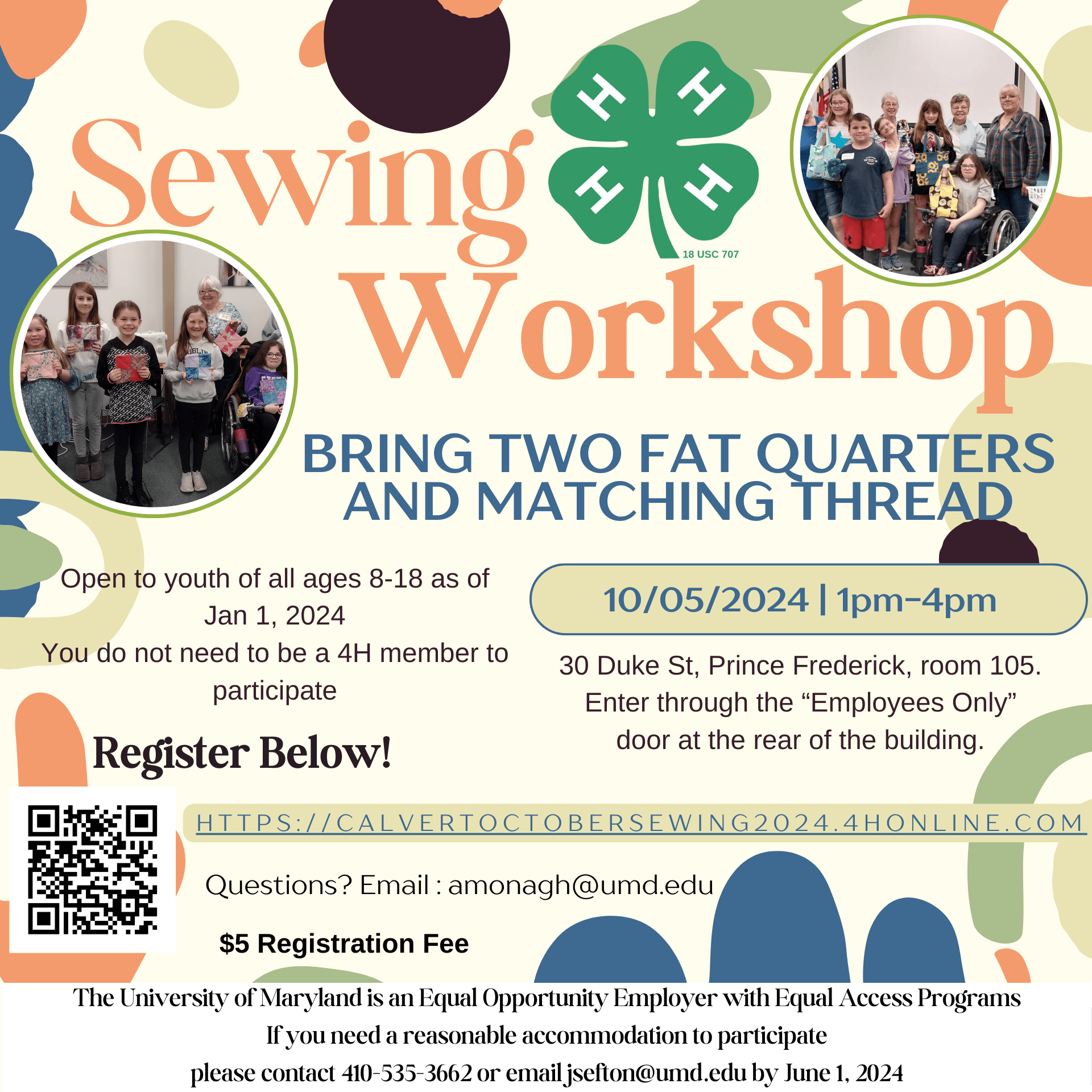 Calvert 4-H October 24 Sewing Workshop Graphic