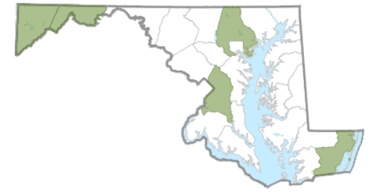 Reported glossy buckthorn distribution in Maryland,  from Maryland Biodiversity Project.