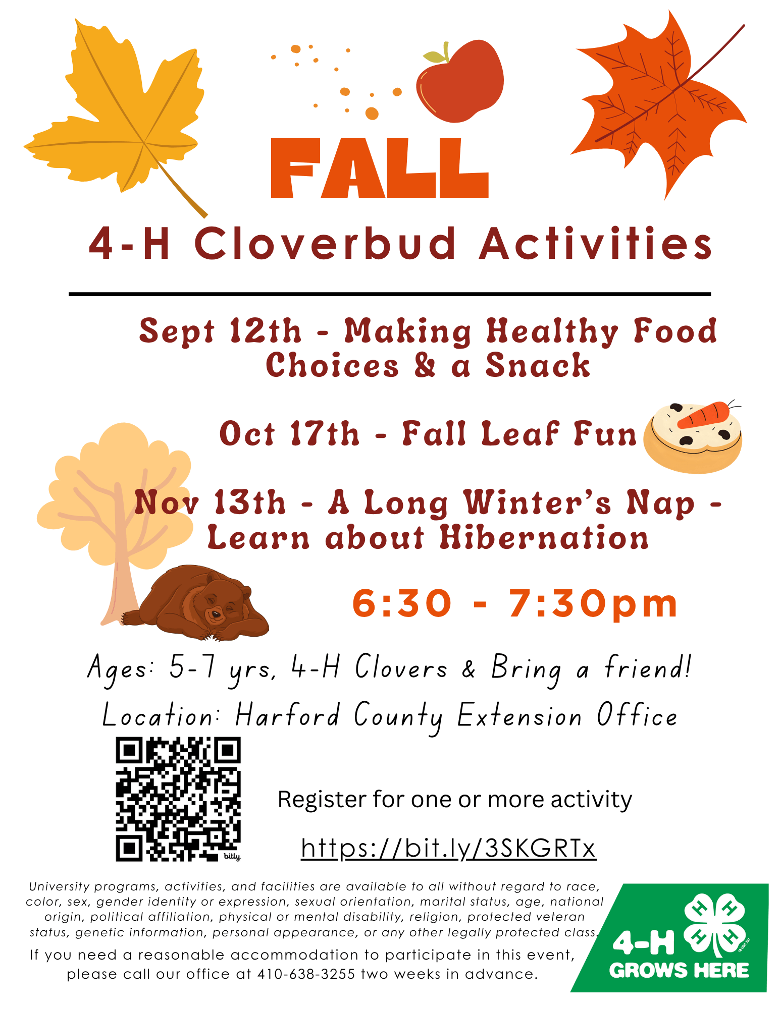 4-H Cloverbud (youth ages 5-7) fall activities flyer