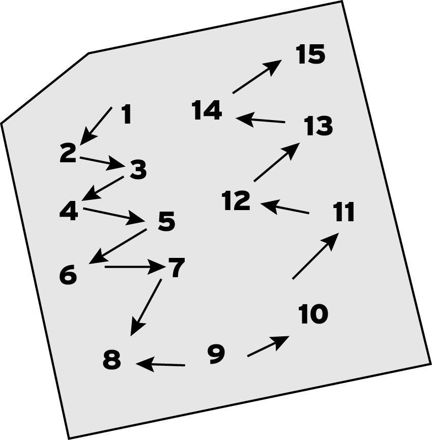 Diagram showing numbered arrows from 1 to 15 on a tilted gray surface, forming a winding path. Arrows point in sequential order, creating a flow.