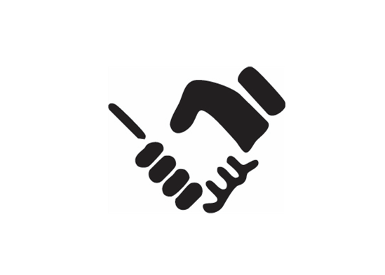 An icon in black and white depicting a handshake.