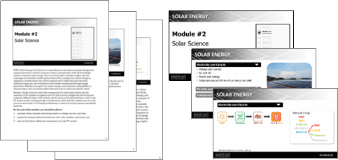 A set of educational materials titled "Module #2 Solar Science". The documents and slides feature text and visuals on solar energy concepts.