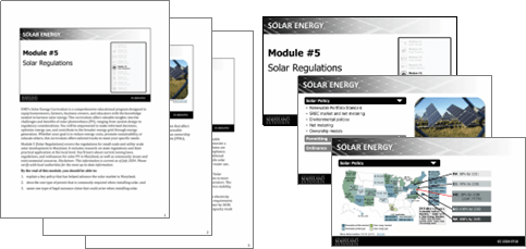 A set of educational materials titled "Module #5: Solar Regulations". The documents and slides feature text and visuals on solar energy concepts.