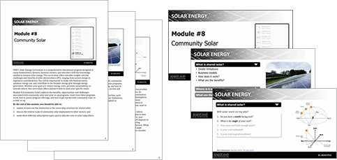 A set of educational materials titled "Module #8: Community Solar". The documents and slides feature text and visuals on solar energy concepts.