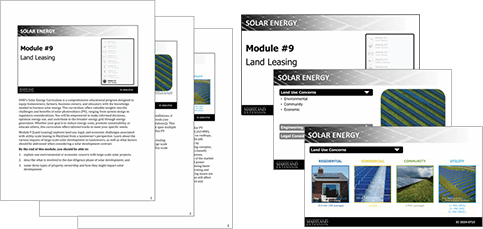 A set of educational materials titled "Module #9: Land Leasing". The documents and slides feature text and visuals on solar energy concepts.