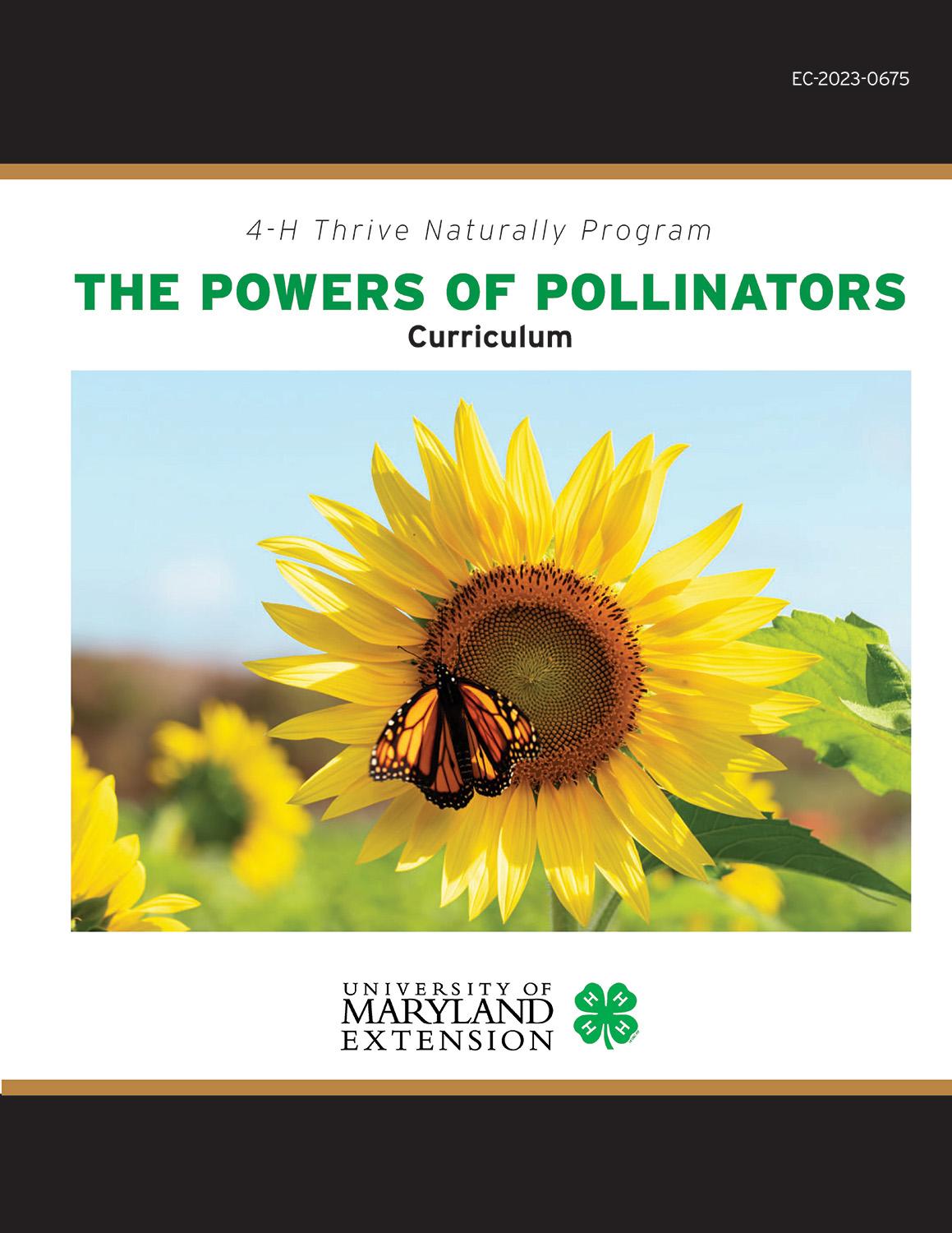  4-H Thrive Naturally Program curriculum cover titled "The Powers of Pollinators." A bee is on a sunflower against a clear blue sky. 