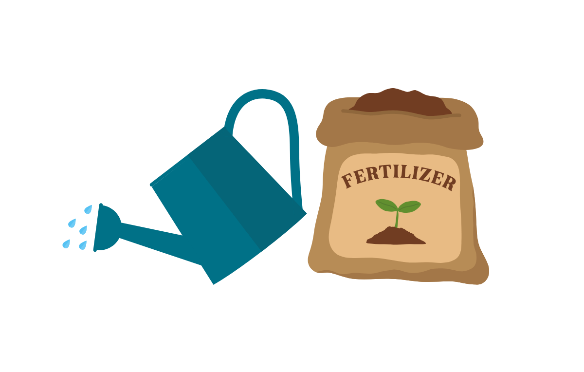 Watering can and a bag of fertilizer.