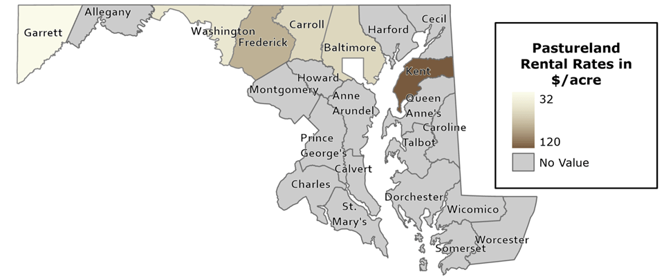 Map of Maryland with counties shaded by pastureland rental rates in dollars per acre. Shades range from light to dark brown, depicting higher values.