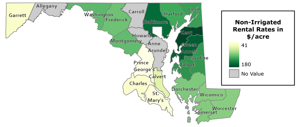 Map of Maryland showing non-irrigated rental rates in dollars per acre. Color gradient from light to dark green; gray indicates no value.