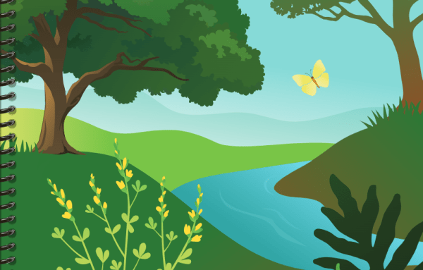 Illustration of trees, hills, wildflowers, and a stream.