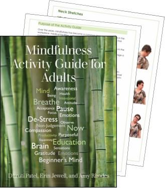 Cover of "Mindfulness Activity Guide for Adults" with bamboo backdrop and words like "Breathe" and "De-Stress"; two instructional pages in the background.