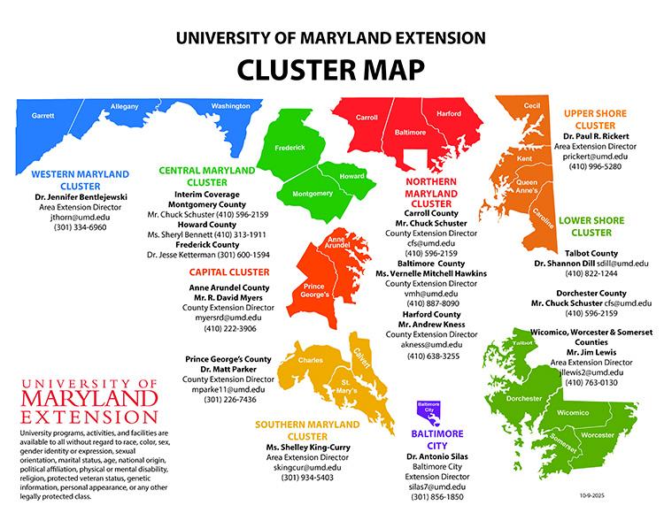 Map showcasing the University of Maryland Extension clusters by region: Western (blue), Central (green), Northern (red), Southern (orange), Shore (orange/green), and Baltimore City (purple). Each region includes contact info for cluster directors.