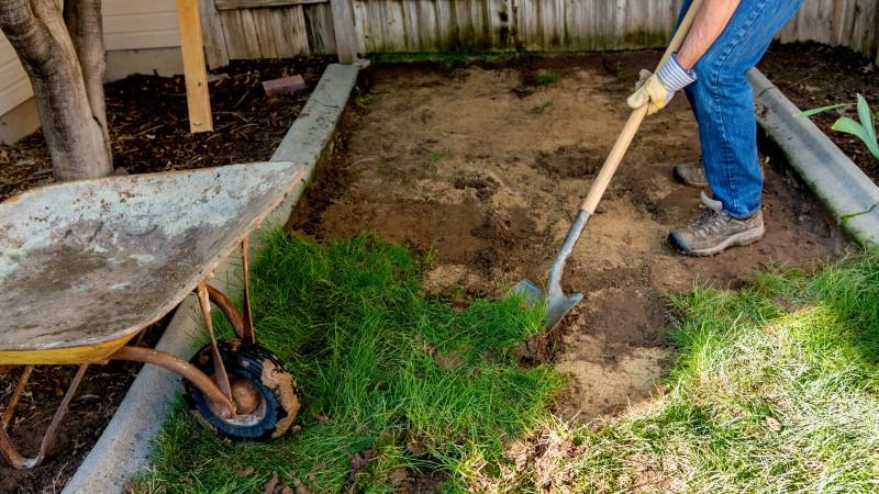 A person using a shovel to scrape a couple inches of turfgrass sod off the soil. The area behind the person is bare ground where sod has been removed. An empty wheelbarrow sits next to the sod being removed.
