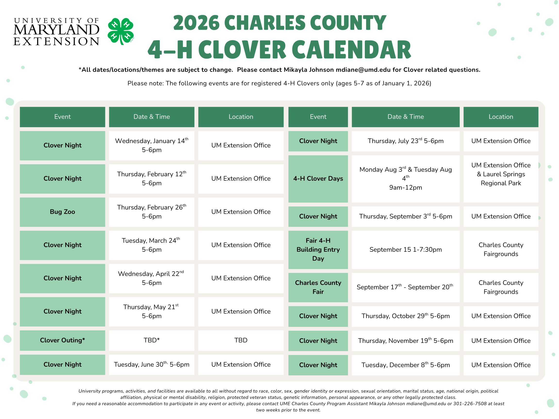 Charles County 2026 4-H Clovers Calendar