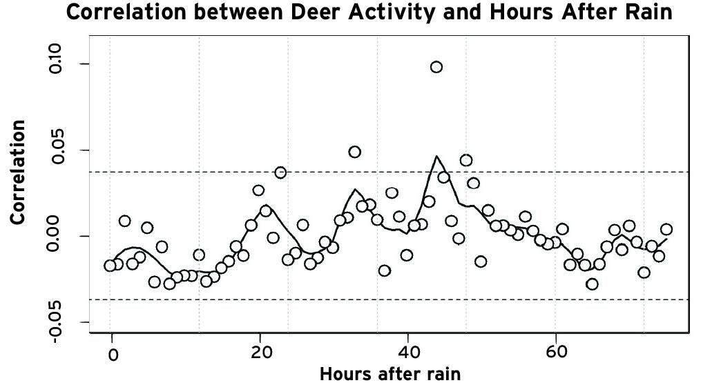 A line graph titled “Correlation between Deer Activity and Hours After Rain.” The x‑axis shows hours after rainfall from 0 to about 70, and the y‑axis shows correlation values from –0.05 to 0.10. Circular data points mark correlation values at each time lag. A black smoothed line runs through the points, with dashed lines indicating confidence intervals. The line rises to its highest correlations between roughly 33 and 48 hours after rain, suggesting increased deer activity during that window.