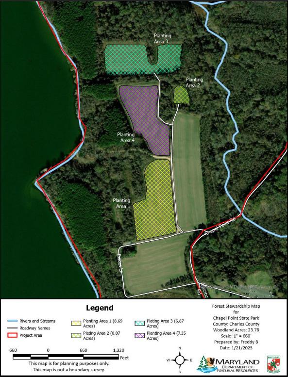 A detailed map of Chapel Point State park, where fields are overlaid with colors and hatching to denote future planting.
