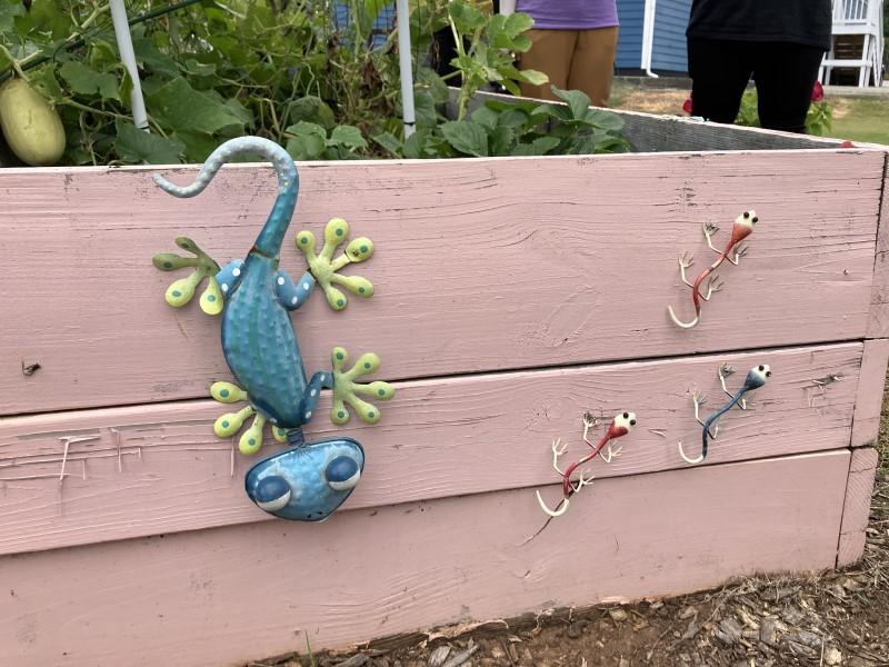 Multicolored lizard motif decorations are attached to the side of a wooden raised bed which is painted pink.