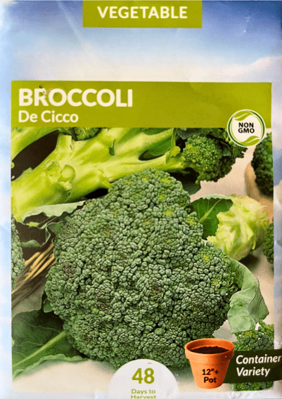 Broccoli seed packet for the variety ‘De Cicco.’ The packet’s labeling notes that it is a good container variety.
