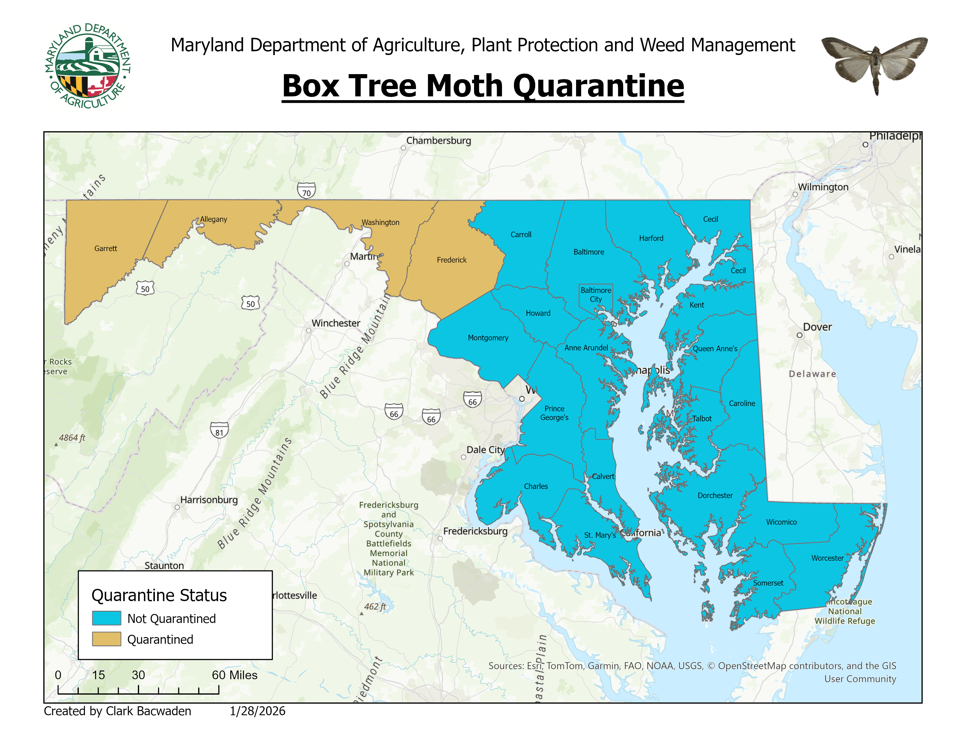 A map of Maryland highlighting four counties that are a part of a box tree moth quarantine as of March 6, 2026. The counties include Washington, Frederick, Garrett, and Allegany.