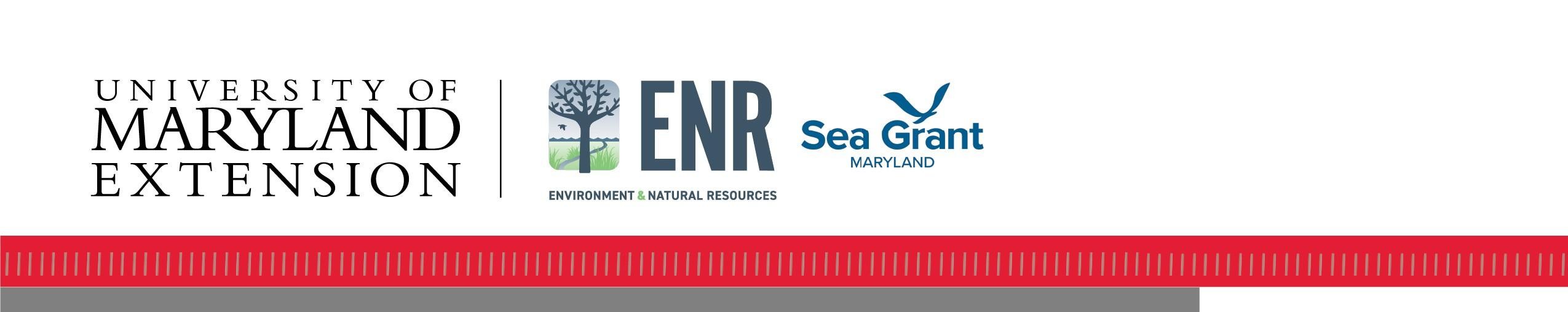 Logos of University of Maryland Extension, ENR, and Sea Grant Maryland are displayed. A red, gray-striped banner runs across the bottom, lending a professional tone.