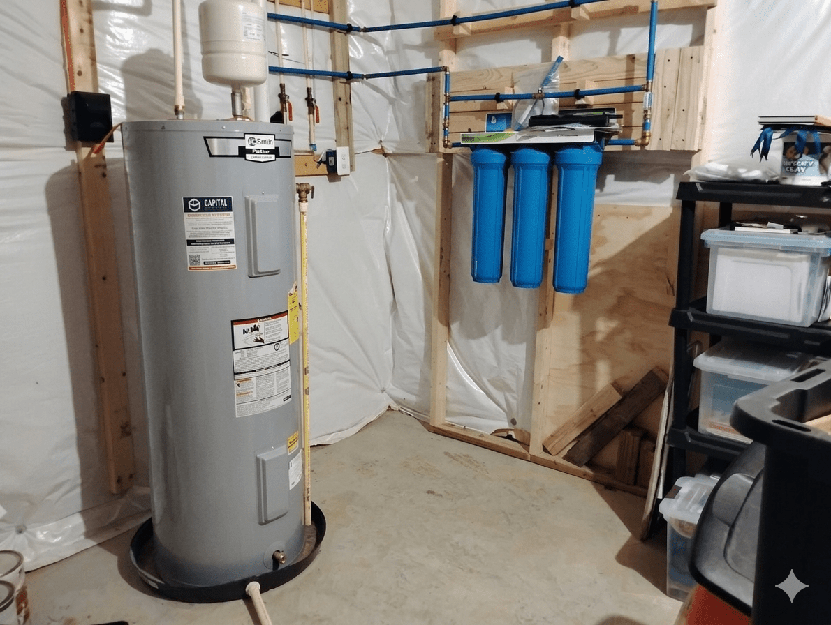 a basement utility area featuring a tall, gray water heater storage tank on the left and a three-stage blue whole-house water filtration system mounted on the wall to the right