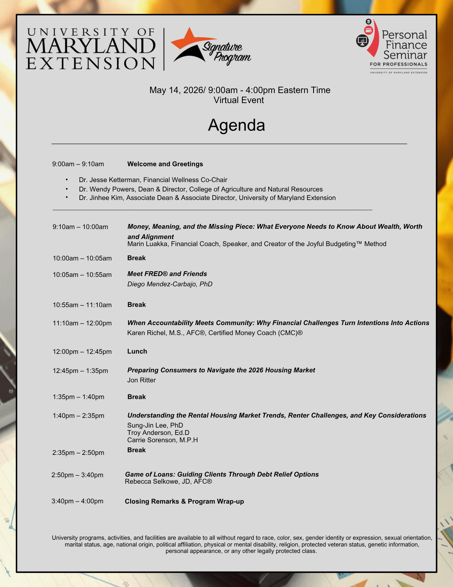 PFS Agenda 9 am - 4 pm 