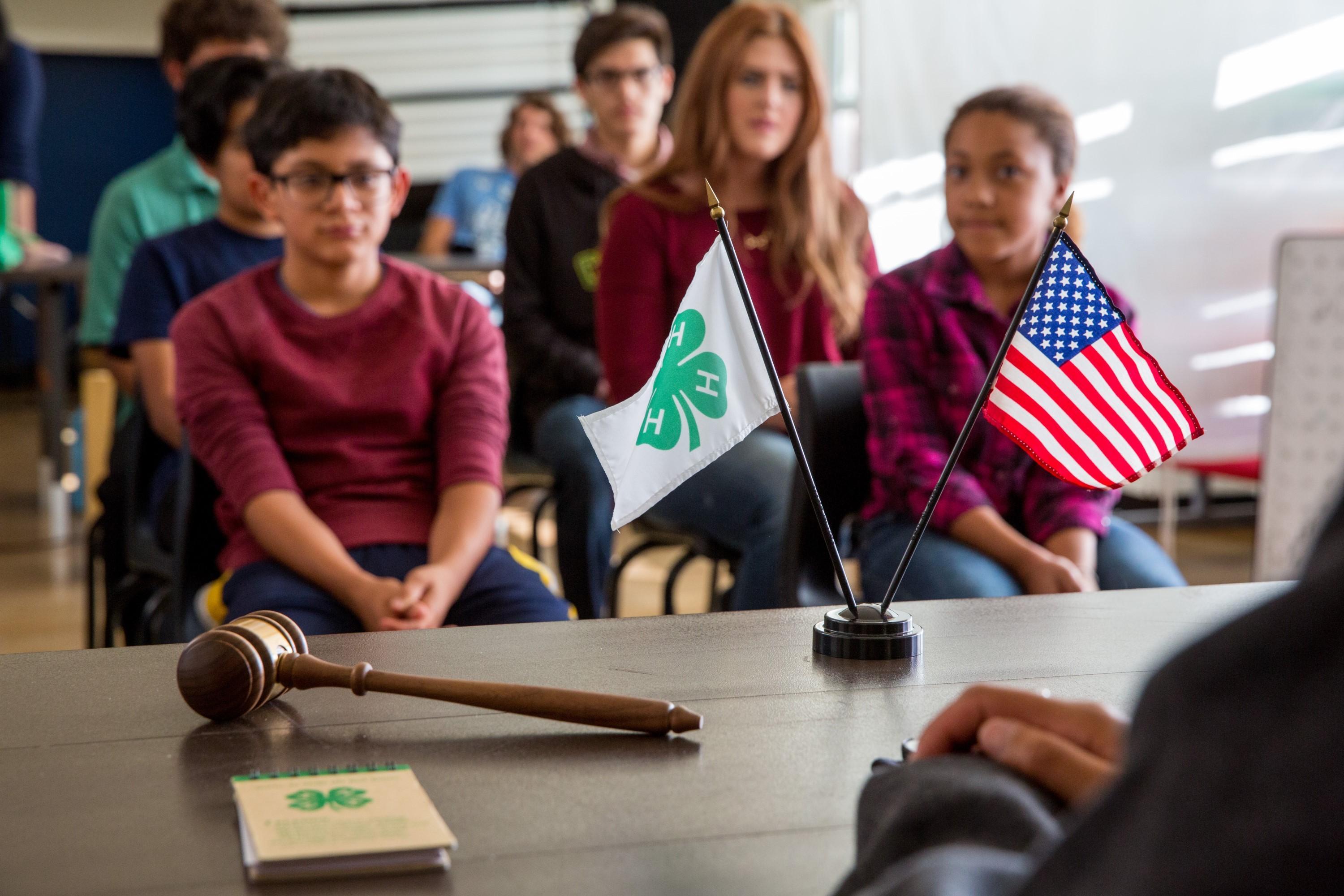 Youth sitting in front of a desk featuring a 4-H and American flag