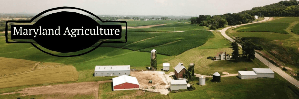 Aerial view of a Maryland farm with barns, silos, and green crop fields, bordered by a winding country road, with a label reading “Maryland Agriculture.”