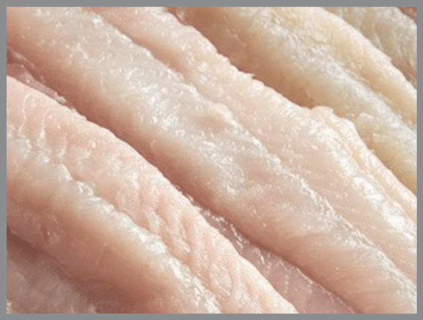Close-up view of several pale pink, raw fish fillets arranged side by side, showing smooth, slightly glossy surfaces with visible ridges and fine texture running lengthwise.