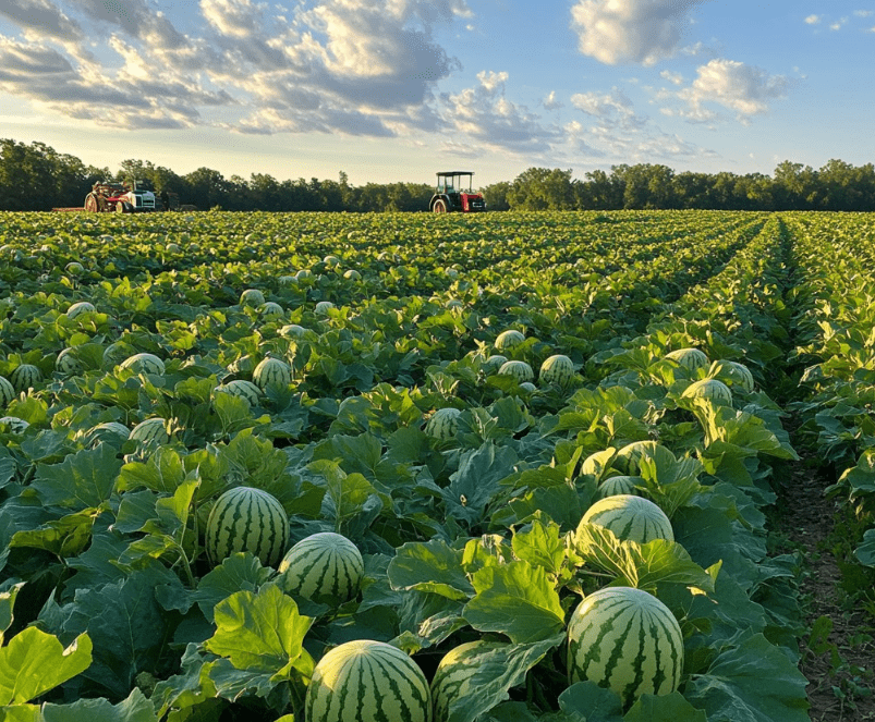 watermelon field with tractors in back and clouds in the sky